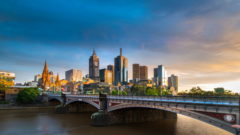 Landscape shot of bridge with Melbourne city in the background